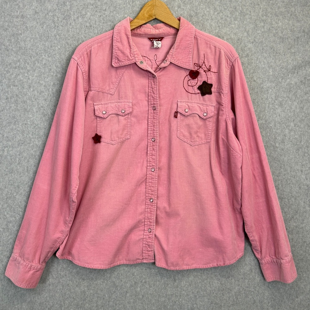 Levi's Corduroy Western Shirt Pink Embroidered Star Heart Rodeo Vintage Size XL